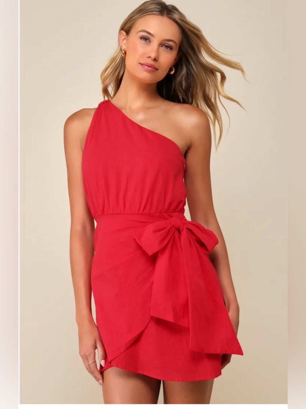 Lulu's Red One-Shoulder Bow Waist Mini Dress